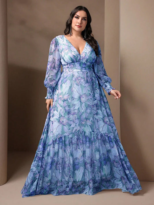 Women's Plus Size Spring/Summer Casual Elegant Floral Printed Dresses With Deep V-Neck and Lantern Sleeve Ruffles Hem Suitable For Vacation