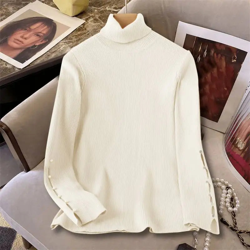 Women Casual Turtleneck Ribbed Sweaters Korean Fashion Long Sleeve Solid Pullovers Autumn 2024 Chic Sleeve Slit Jumpers