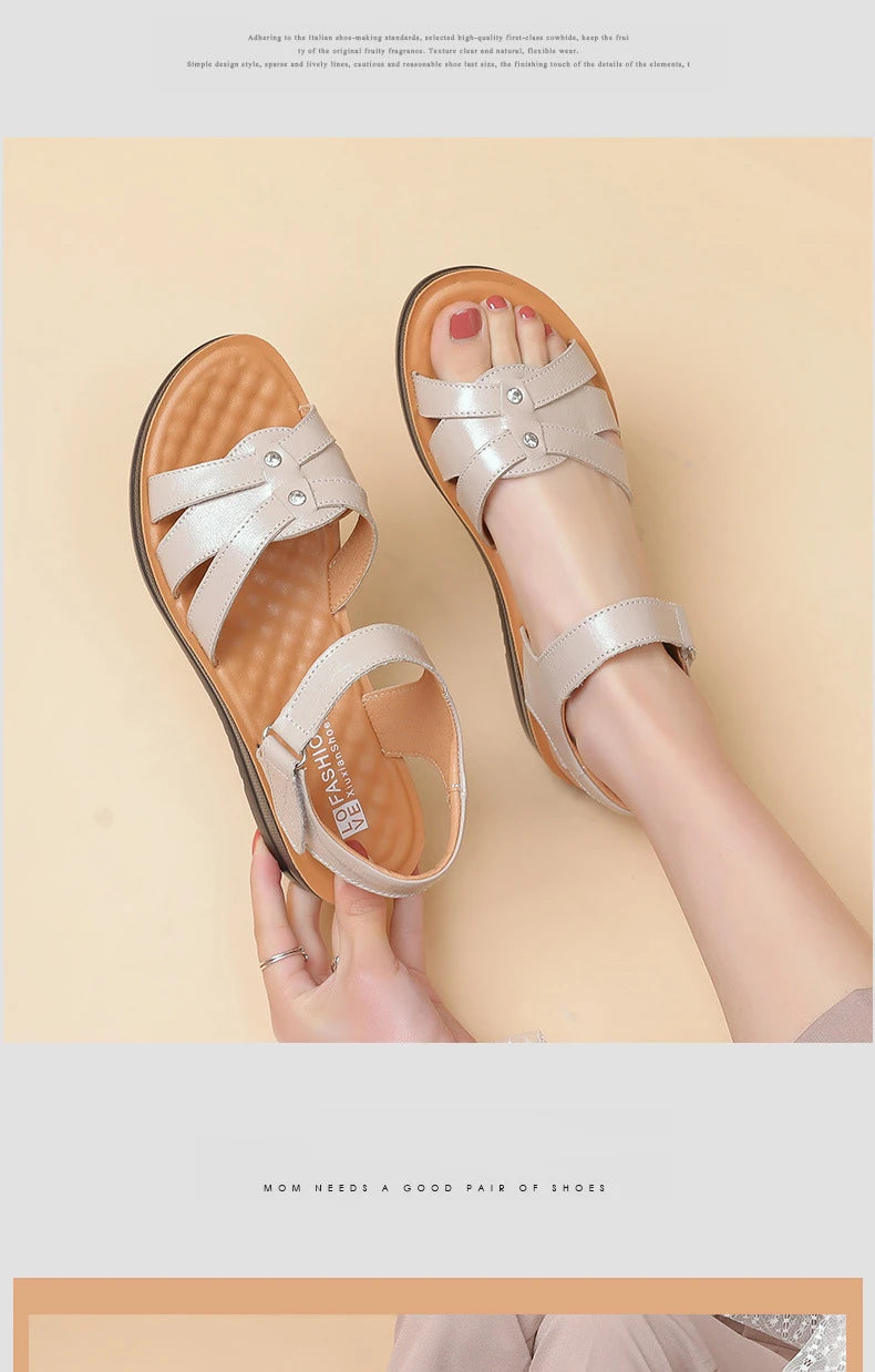 Women's Female Ladies Mother Genuine Leather Sandals Platform Shoes Non Slip Summer Cool Beach Hook Loop Plus Size 42 43