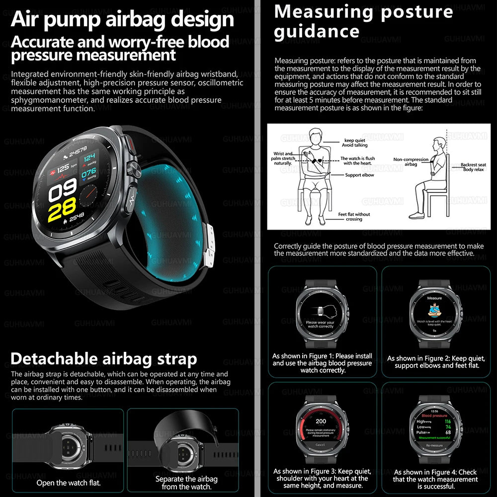 2025 Health track Smartwatch Air Pump Airbag True Blood Pressure Health Measure Smart Watch Men Women Blood oxygen BT Call