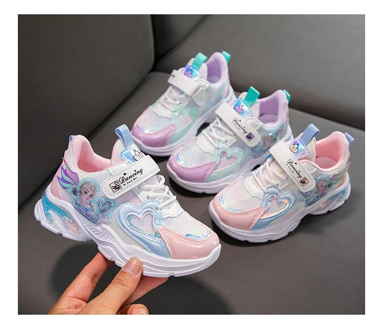 Girls' Casual Shoes Frozen Princess Elsa Sneakers Mesh Leather White Breathable Sole Children's Sport Shoes Size 26-37