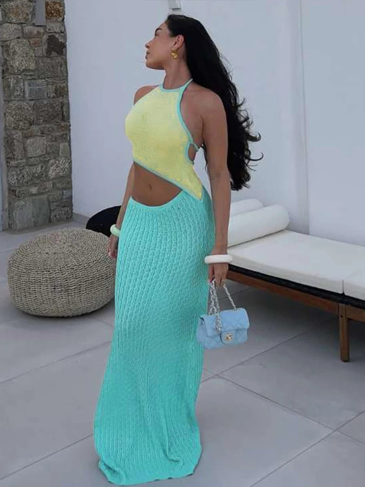 Crochet Beach Women 2 Piece Set Sleeveless Irregular Backless Halter Tank Tops + Maxi Skirts Vacation Matching Clubwear