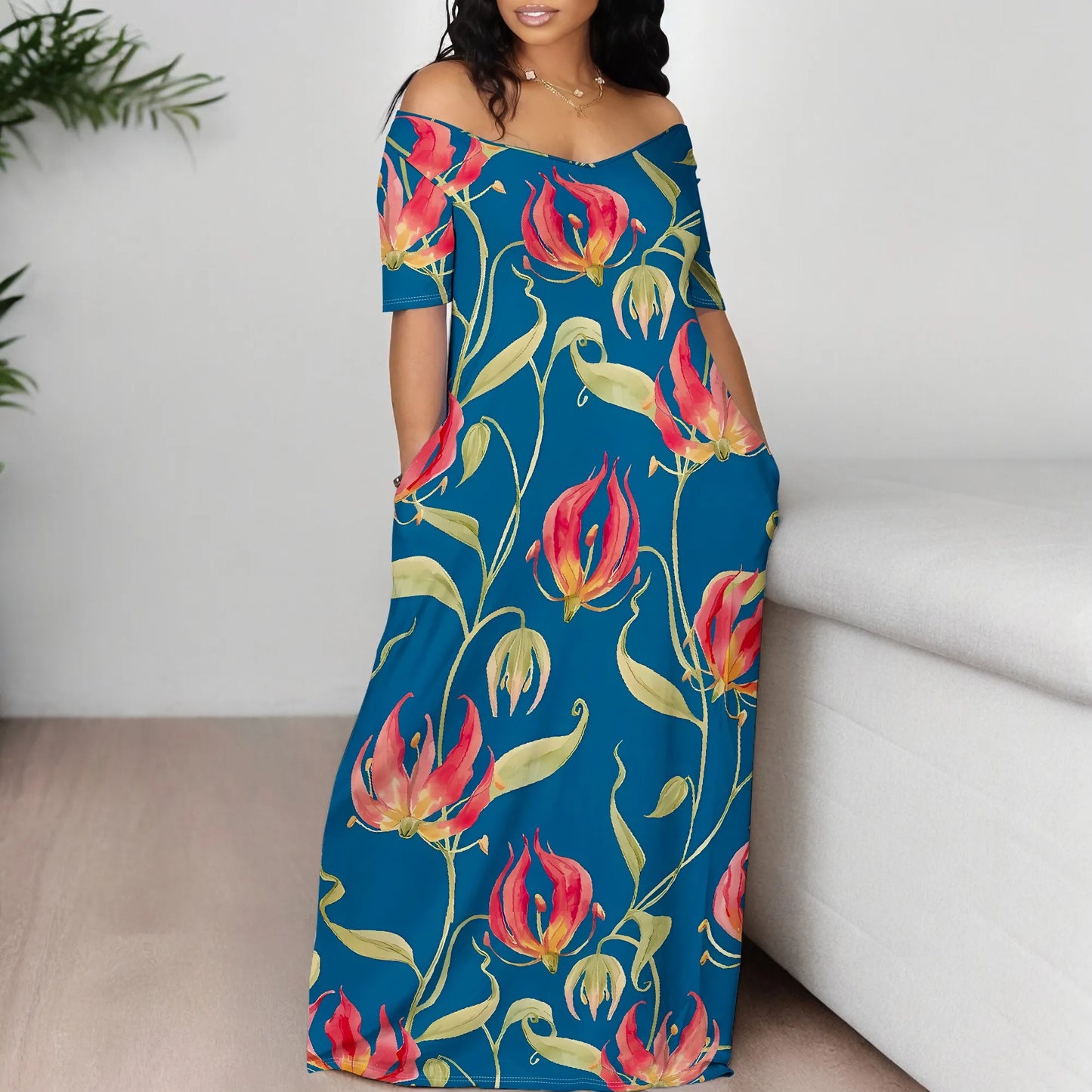 Floral Off Shoulder Maxi Dress Blue Background Summer Holiday Garden Style