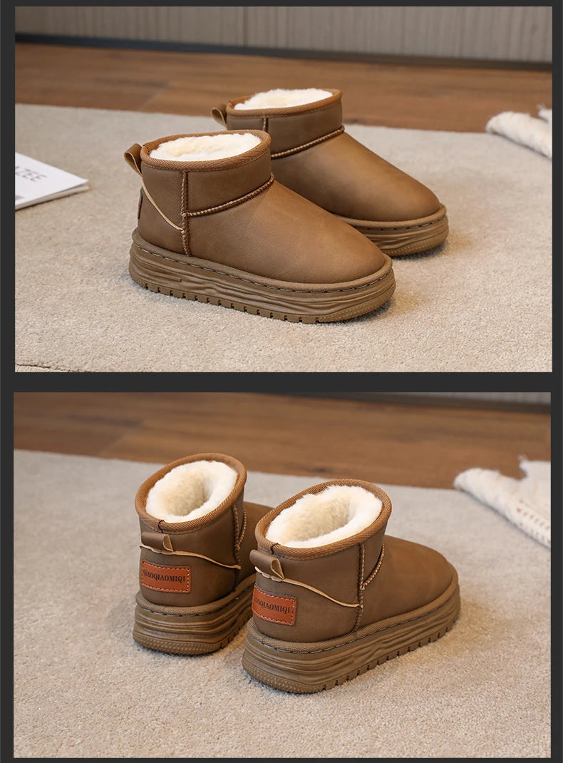 Kindersneeuwlaarzen met antislipbont en dikke zool voor meisjes, casual sportschoenen, damesmode, bruine enkellaarsjes, waterdicht en warm
