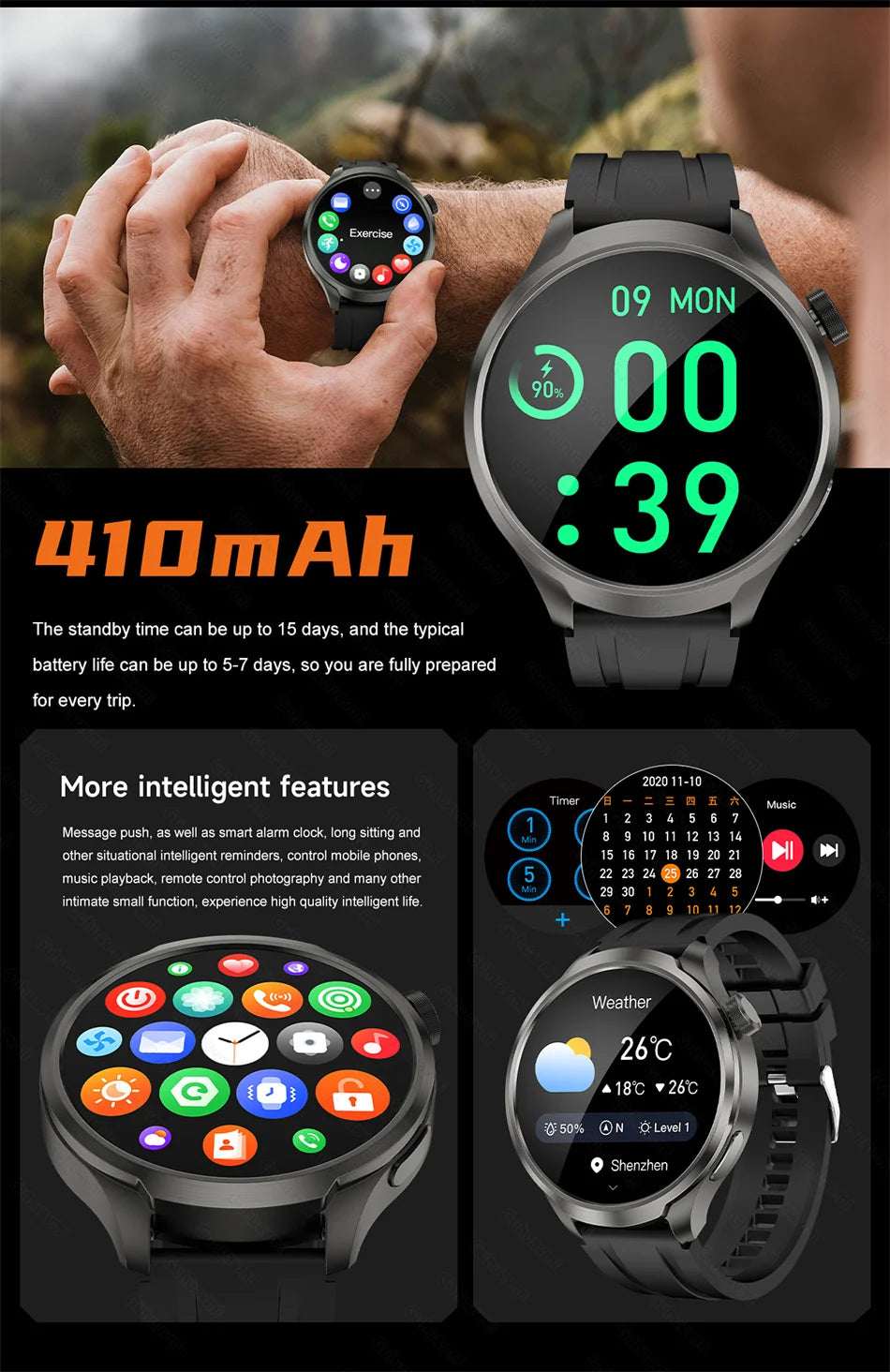 GPS Sports Smartwatch Men AMOLED Screen Compass Altimeter Heart rate BP NFC Bluetooth Call Smart Watch For Men - Compatible With HUAWEI IOS