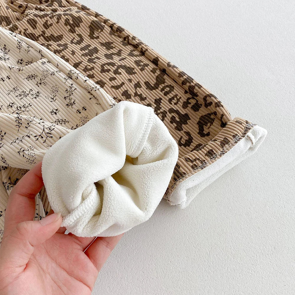 Autumn Kids Baby Pants Thickened Fleece Lining Floral Girls Trousers Warm Fashion Leopard Print Boys Pants Outwear 1-5Y Unisex