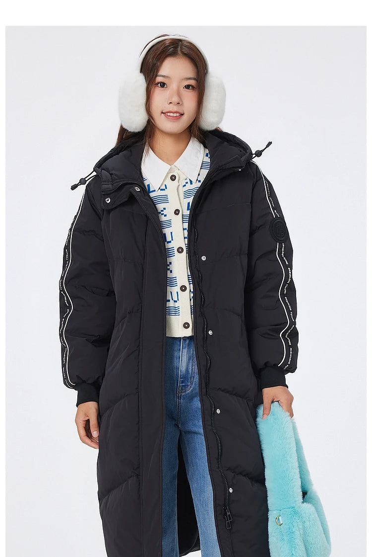 Women's Long Puffer Coat With Striped Webbing, Oversized Straight-Cut Sporty Style, Duck Down Thick Warm Jacket