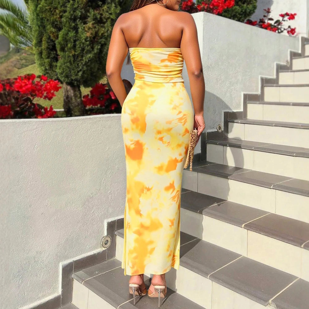 Dresses Summer Vacation Decent Graphic Print Strapless Sleeveless Off Shoulder Maxi Side Slit Dresses For Women