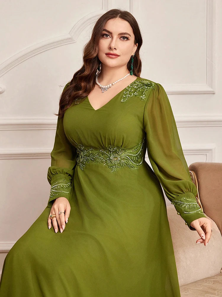 Luxury Elegant Long Sleeve Maxi Dresses Plus Size Women Wife Embroidery Patchwork High Waist Evening Party Dress