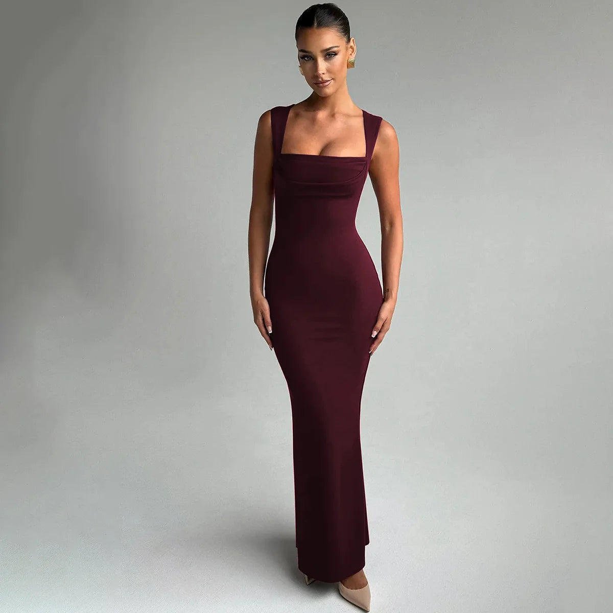 Square Neck Elegant Maxi Dress Club Party Outfits Solid Sexy Sleeveless Birthday Evening Bodycon Dresses Gown