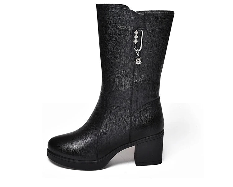 Women Genuine Leather Mid Calf Boots Female Mather Ladies Winter Fur Plush Warm