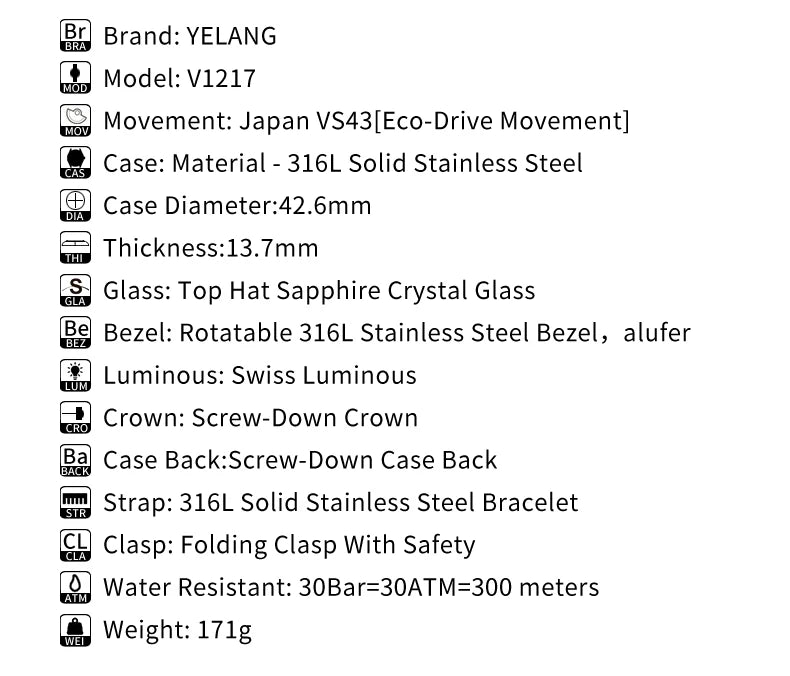 Yelang V1217 42mm Japan Eco-Drive Solar Watch Men's Watch 300M Diver Watch  30ATM Professional Waterproof  Sapphire Luminous