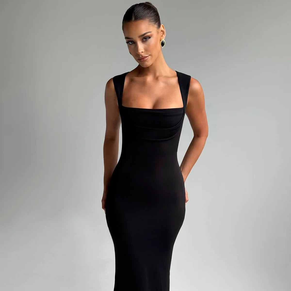 Square Neck Elegant Maxi Dress Club Party Outfits Solid Sexy Sleeveless Birthday Evening Bodycon Dresses Gown