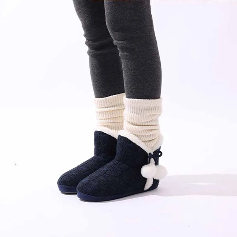 Women's Winter Warm Plush Boots Suitable For Outdoor and Indoor Use With Soft Sole Non-Slip Knit Furry Snow Shoes Cosy Cotton