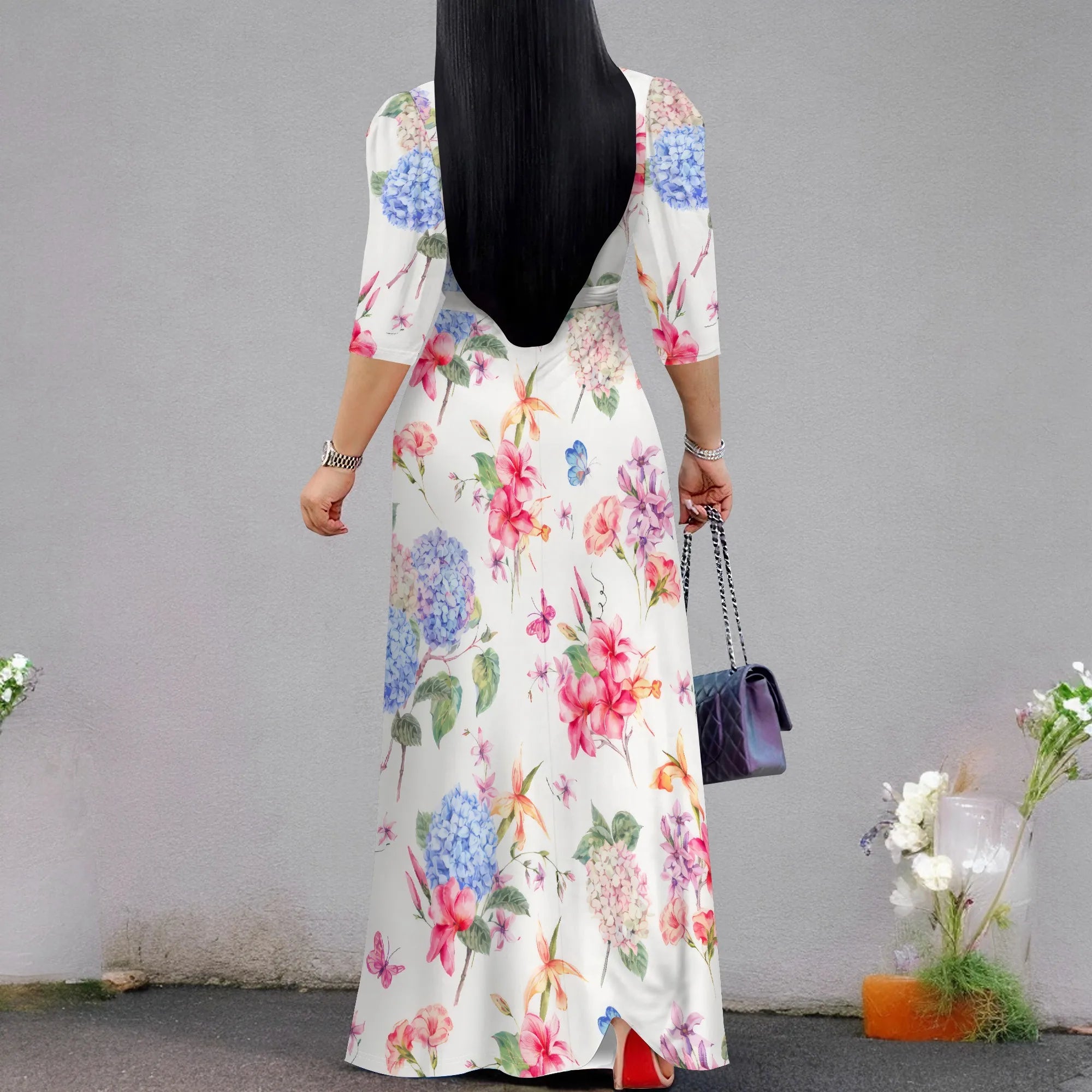 Pastel Floral Maxi Dress Plus Size Long Elegant Beach Holiday V Neck Spring Boho Style