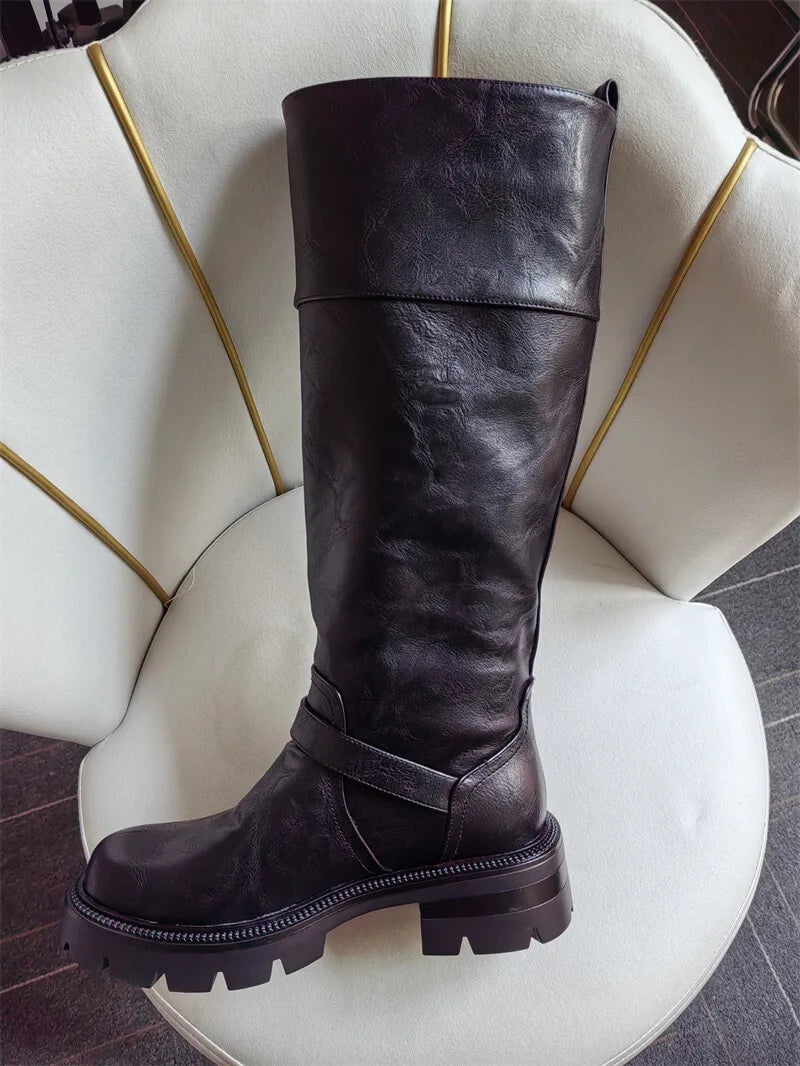 Women Buckle Gothic Black Knee High Boots Heeled Metal Side Zipper Fashion Matte  Modern Winnter Boots