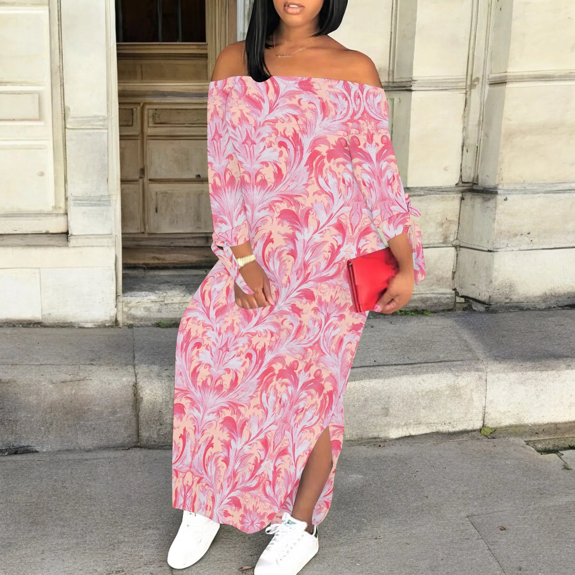 Casual Pink Butterfly Print Maxi Dress Off Shoulder Long Sleeve Bodycon Dress for Women Spring Vacation Style
