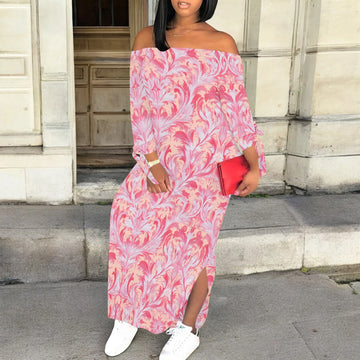 Casual Pink Butterfly Print Maxi Dress Off Shoulder Long Sleeve Bodycon Dress for Women Spring Vacation Style