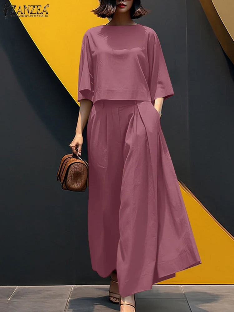 Women Causal 2PCS Pant Sets Loose 3/4 Sleeve Tops Wide Leg Pants 2-Pieces Outfits Solid Colour Fashion Commute Tracksuits