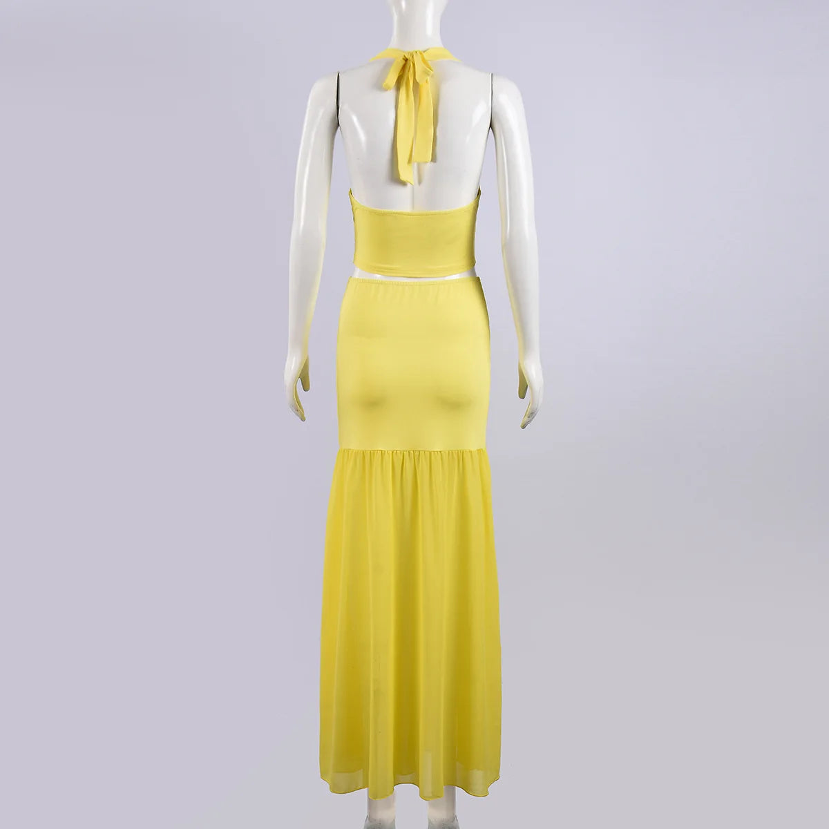 Sexy Fashion 2 Piece Set Women Metal Flower Decoration Halter Hollow Tops + Mesh Patchwork Long Skirts Elegant Outfits