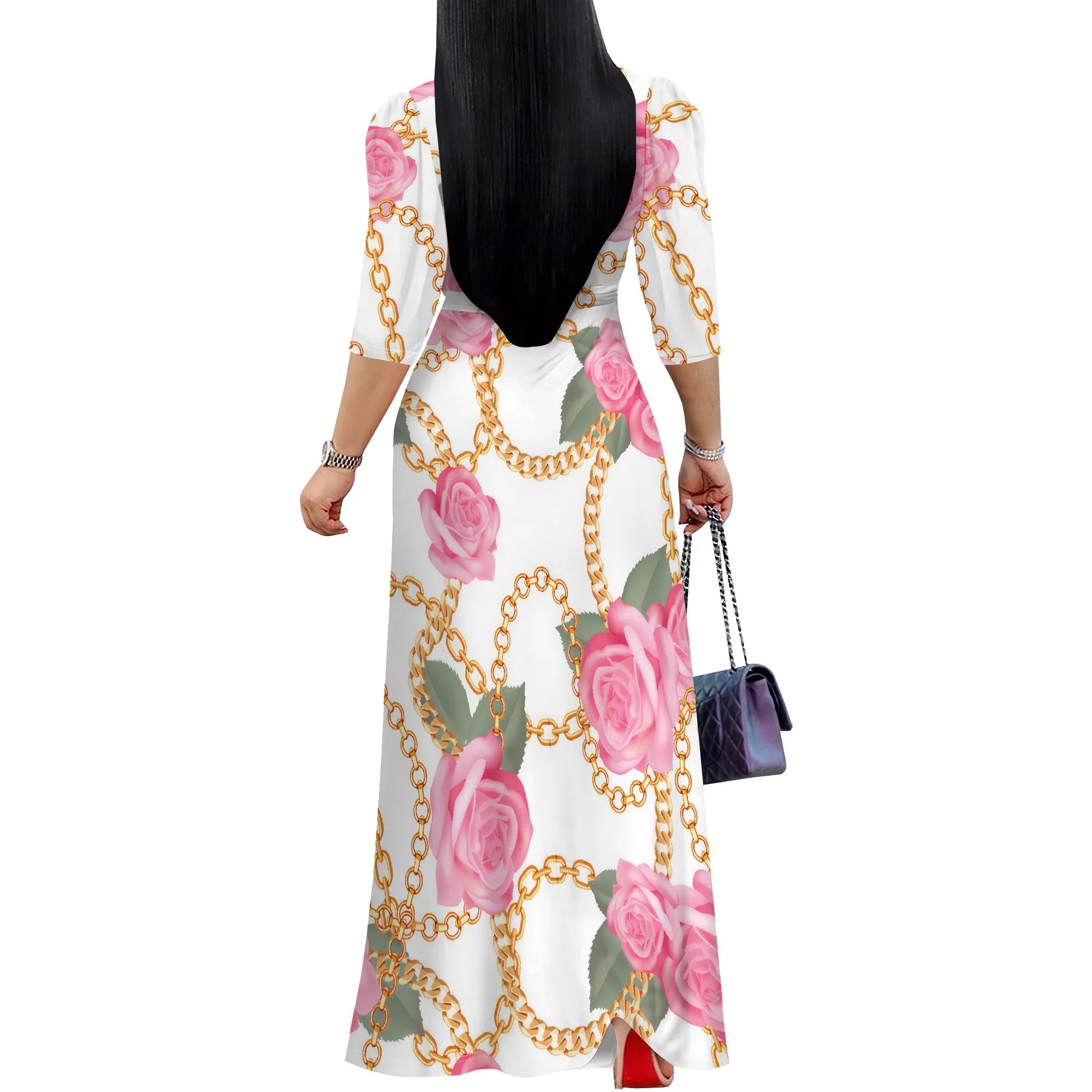 White Chain Rose Print Maxi Dress Women Elegant Floral Belted V Neck Summer Fashion