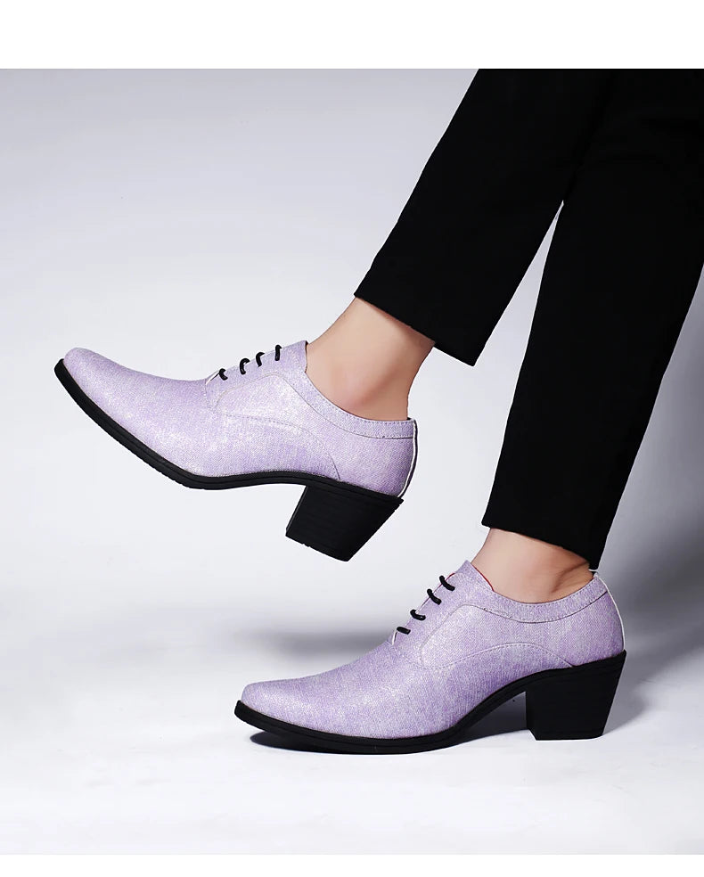 European Style Men Retro Height Heel Formal Dress Oxfords Shoes Purple Gold Male Wedding Party Evening Dressing Shoes