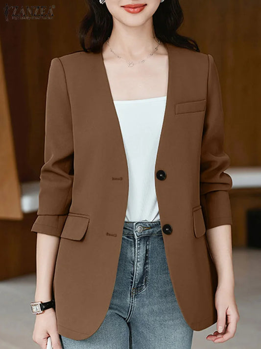 Elegant Solid Suit Jackets Long Sleeve Button Up Autumn 2024 V Neck Outwear Tops Office Lady Women Commute Fashion Blazer