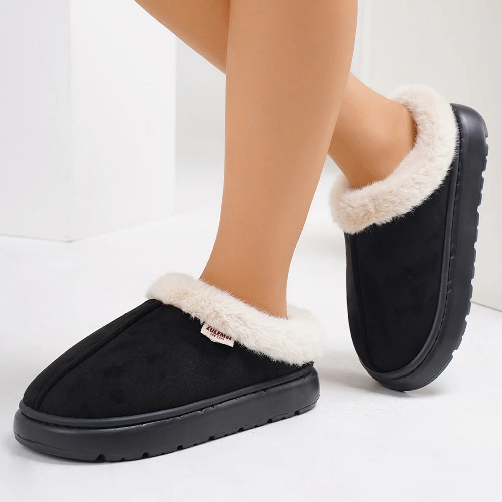 Women's Winter Warm Shoes Platform Fluffy House Shoes With Cotton and Thick Sole Plush Suitable For Couple Slippers