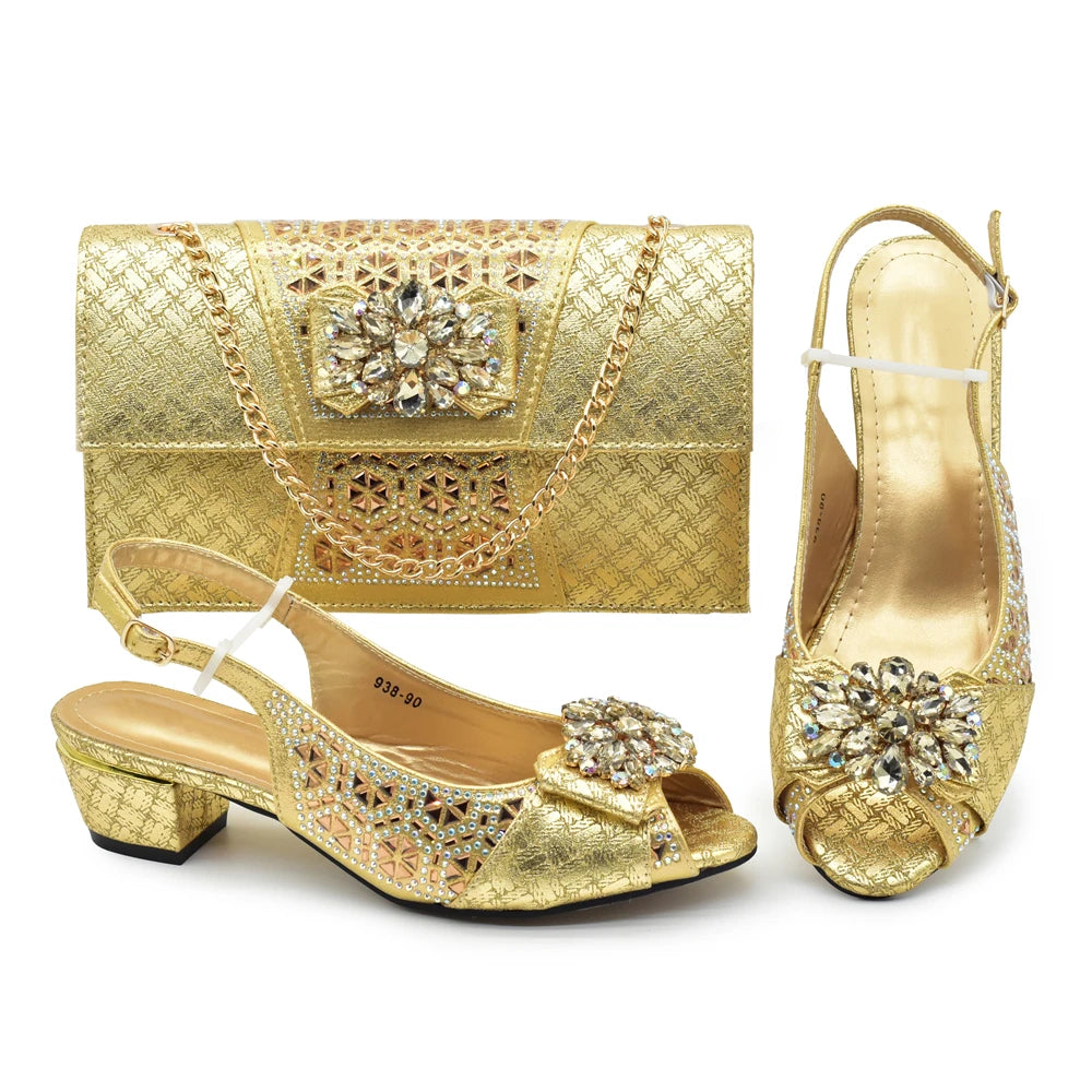Matching Nigerian Party Shoes and Bags for Ladies Elegant Heeled Shoes for Women Rhinestone African Bag and Shoe Set
