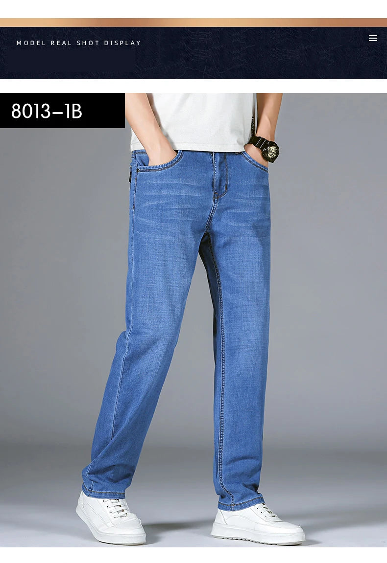 2025 Dunne of dikke stoffen kantoor- en zakenjeans voor heren, klassiek blauw, zwart, katoenen stretch, rechte denimbroek, herenmerkbroeken