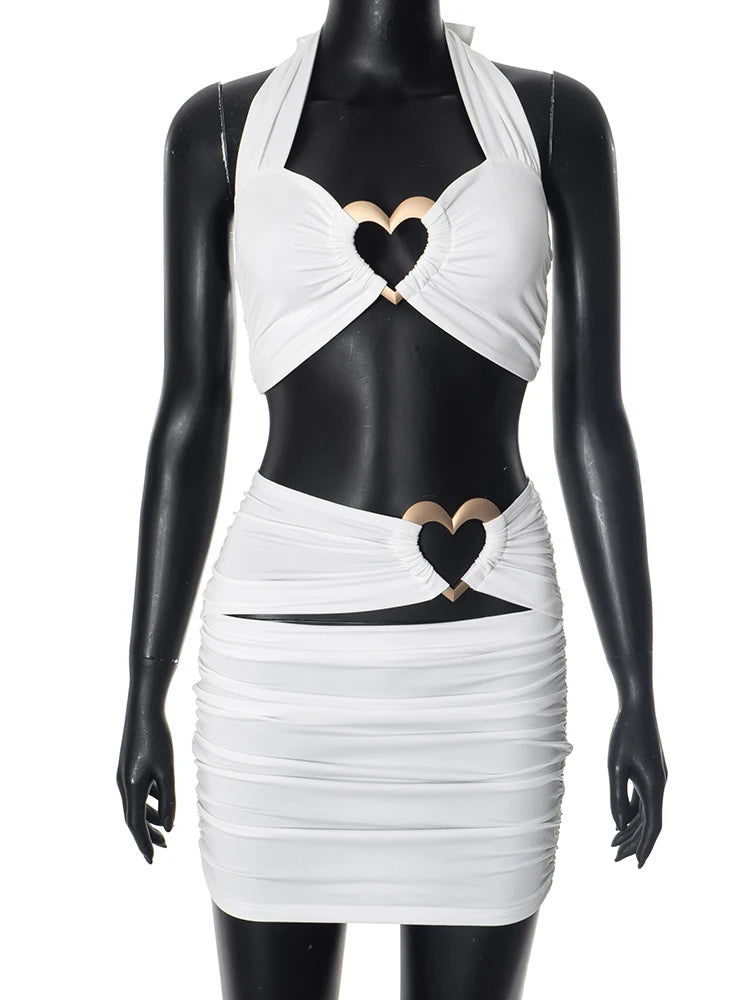 Love Rings Patchwork 2 Piece Set Cross Women Halter Crop Tops + Ruched Hollow Skirts Matching Hottie Street Trend Suits