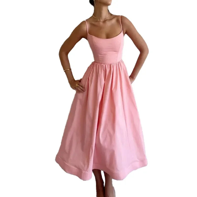 U-neck Summer Women's Dress Vintage Elegant Sleeveless Camisole Slim Pleated Sundress Loose Host A Performance Party Long Dress