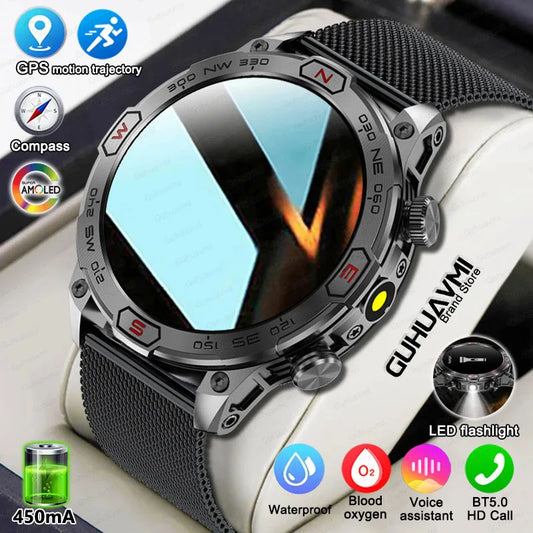 Outdoor Military Smart Watch Men Compass GPS Track Bluetooth Call IP68 Waterproof AMOLED Screen Smartwatch Compatible with Android IOS