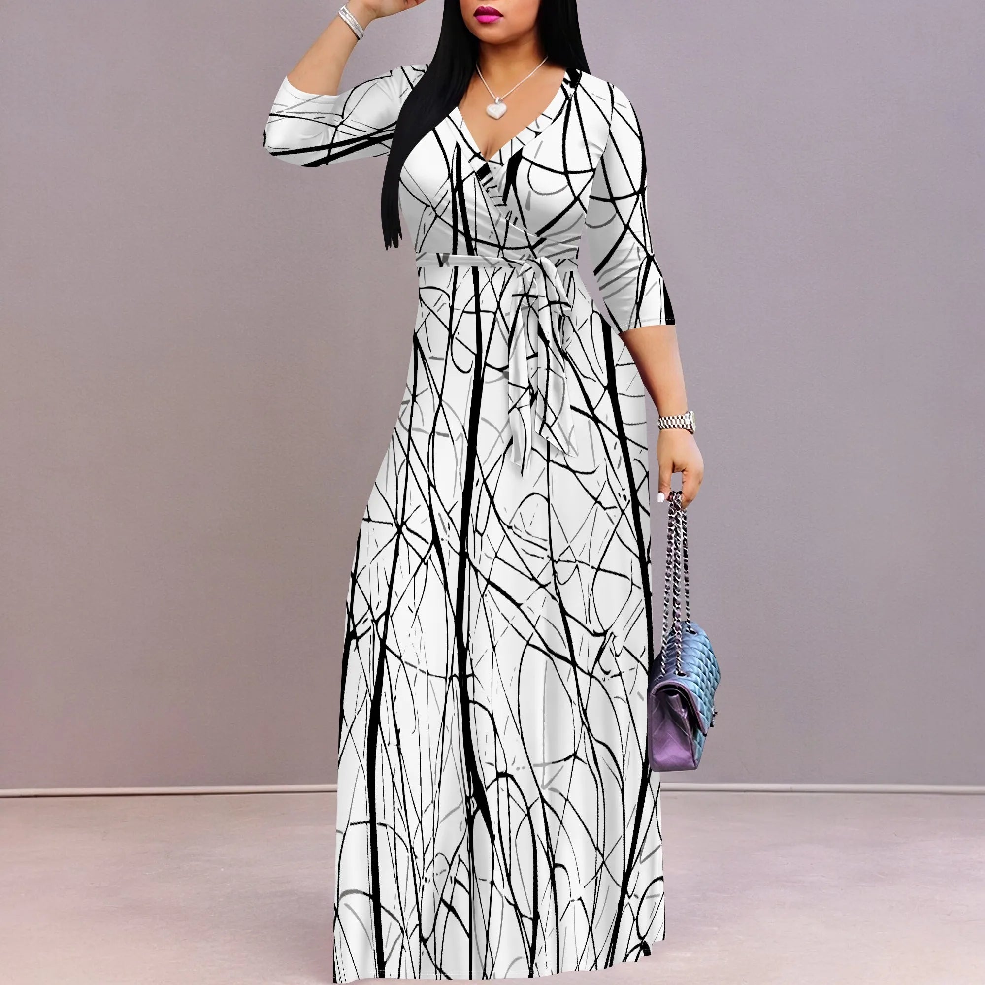 Plus Size Maxi Dress for Women Casual Summer Sundress V-Neck 3/4 Sleeve