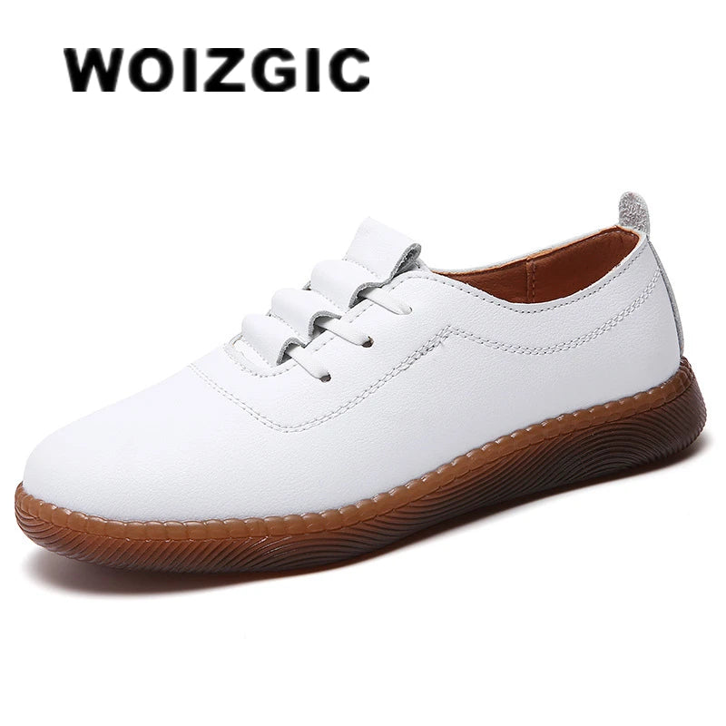 Women Ladies Mother Female Genuine Leather Flats Loafers White Shoes Soft Non Slip Vulcanized Shoes Size 35-41