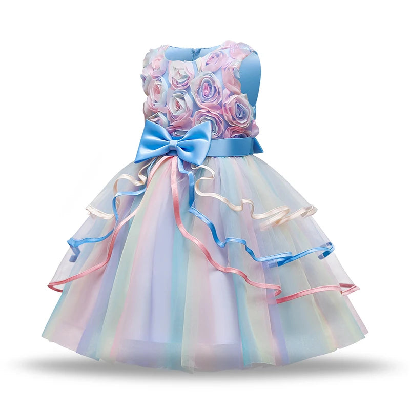 Fashion Girl's Dress Summer Rose Princess Dress Patchwork Mesh Performance Costume Children's Birthday Gown 3-8Y Girls