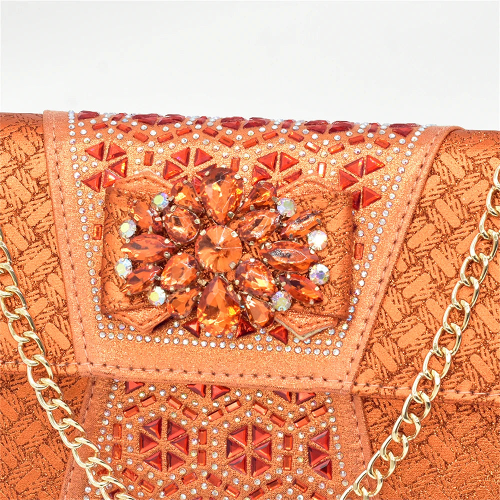 Orange Shoe and Bag Set Luxury Designer Shoes Women Matching Wedding Shoes and Bags Decorated with Rhinestone