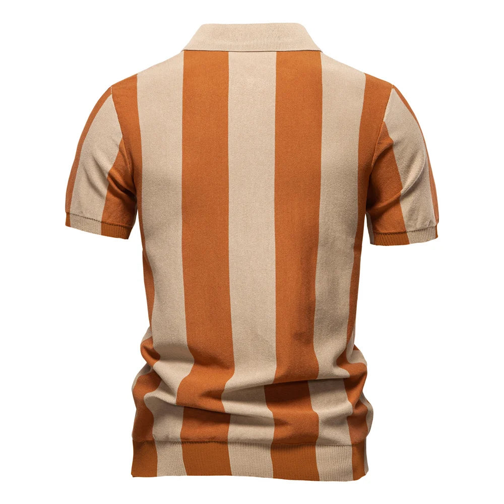 Men's Summer Breathable And Striped Contrast Panel Polo Shirt - Casual Short-Sleeve Knit Shirt With Comfort Fit