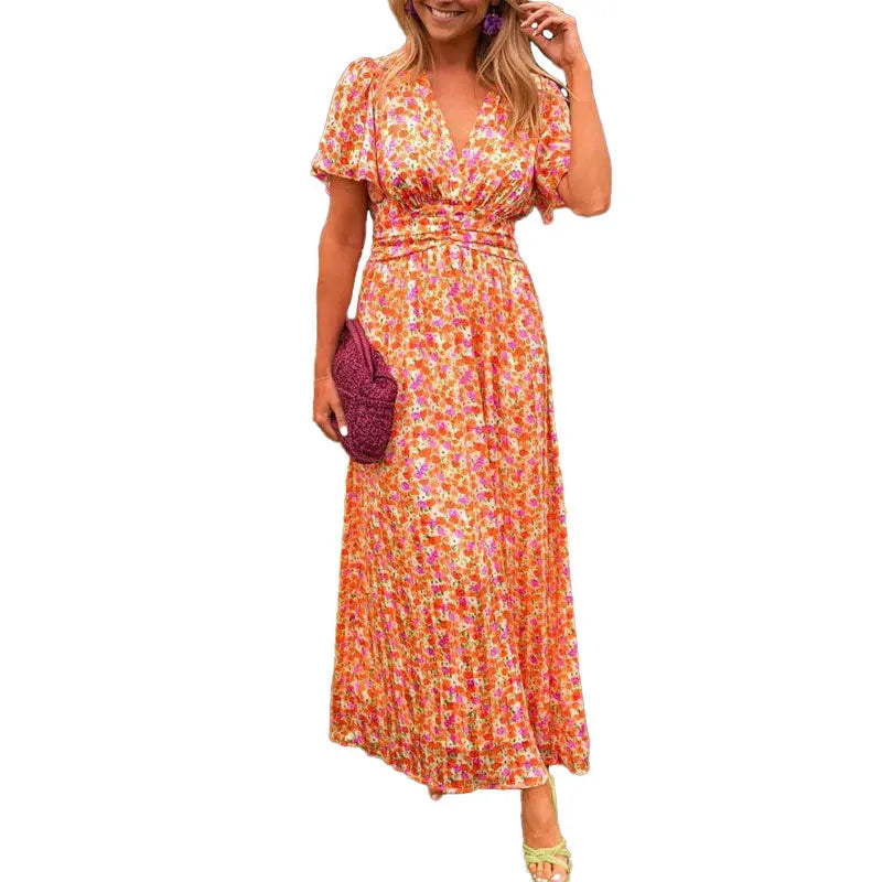 Summer Elegant Fragmented Flower Dress Women Fashion Beach Style V-neck Bubble Sleeves Long Dress Women
