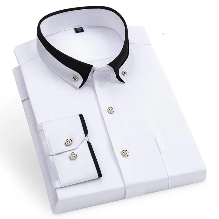 Men's Double Collar Shirt Long Sleeves Fashion Formal Classic Business Dress Shirt Black Casual Slim Fit Breathable Non-Iron Top