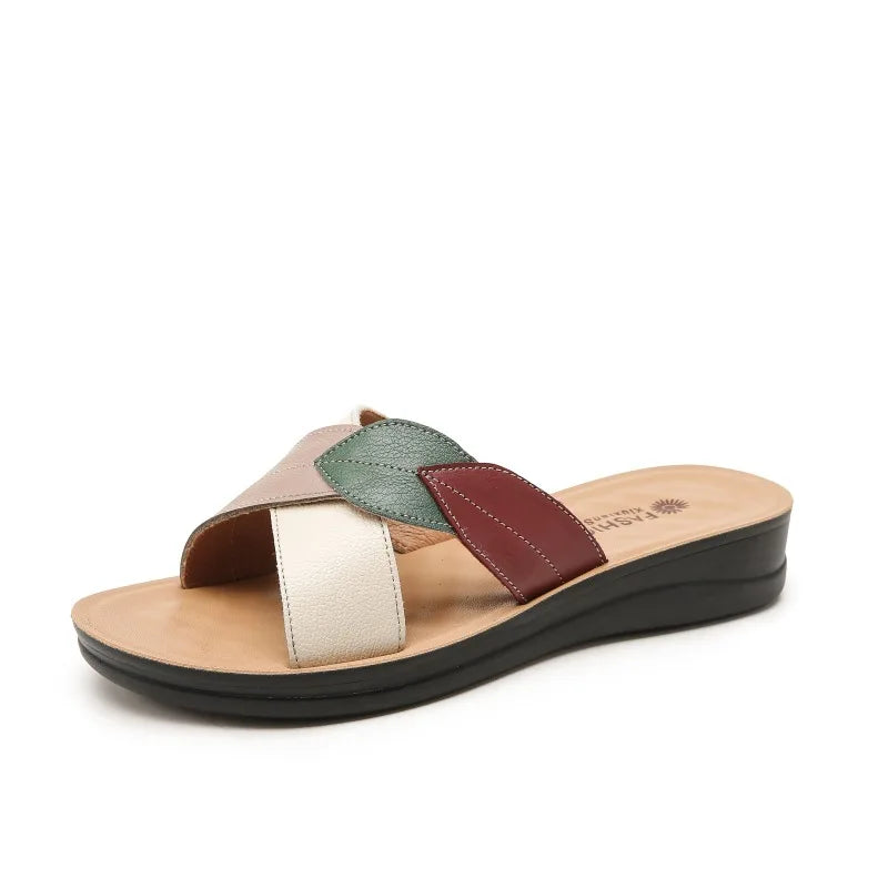 Women Female Ladies Mother Genuine Leather Shoes Sandals Platform Slipper Summer Cool Beach Soft Slip On Outside
