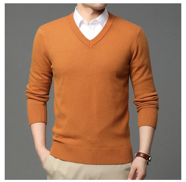 Men's High Quality Fashion Brand, Woollen Knit Pullover V-Neck Sweater, Autumn and Winter Casual Male Jumper