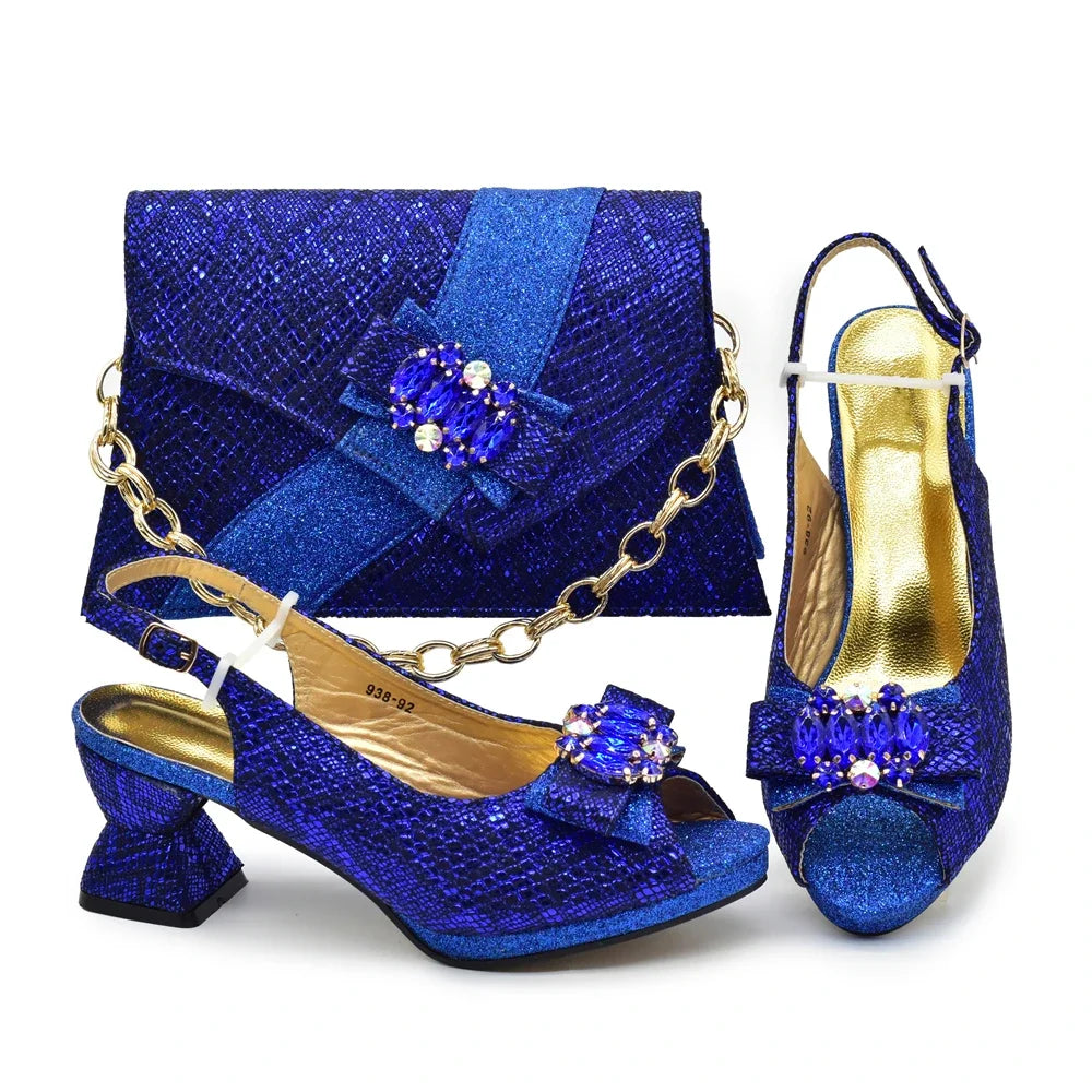 Women's Elegant Medium Heeled African Ladies Shoes and Bags Decorated with Rhinestone for Ladies' Luxury Pumps