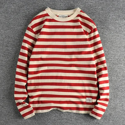 Autumn New American Retro 230g Heavyweight O-neck Striped T-shirt Men's Fashion 100% Cotton Washed Casual Loose Tough GuyTops
