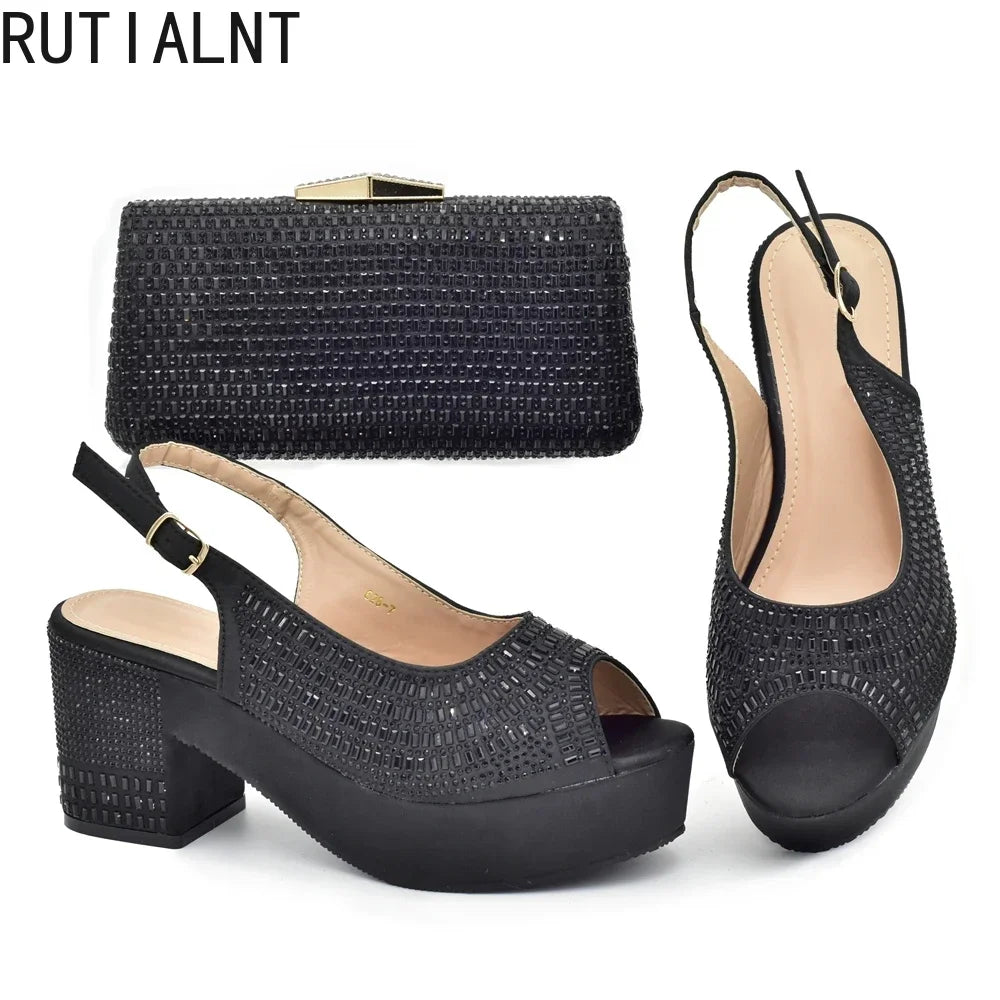 Africa Shoe and Bags Set Decorated with Rhinestone Wedges Shoes for Women Italian Women Wedding Shoes with Bag Set