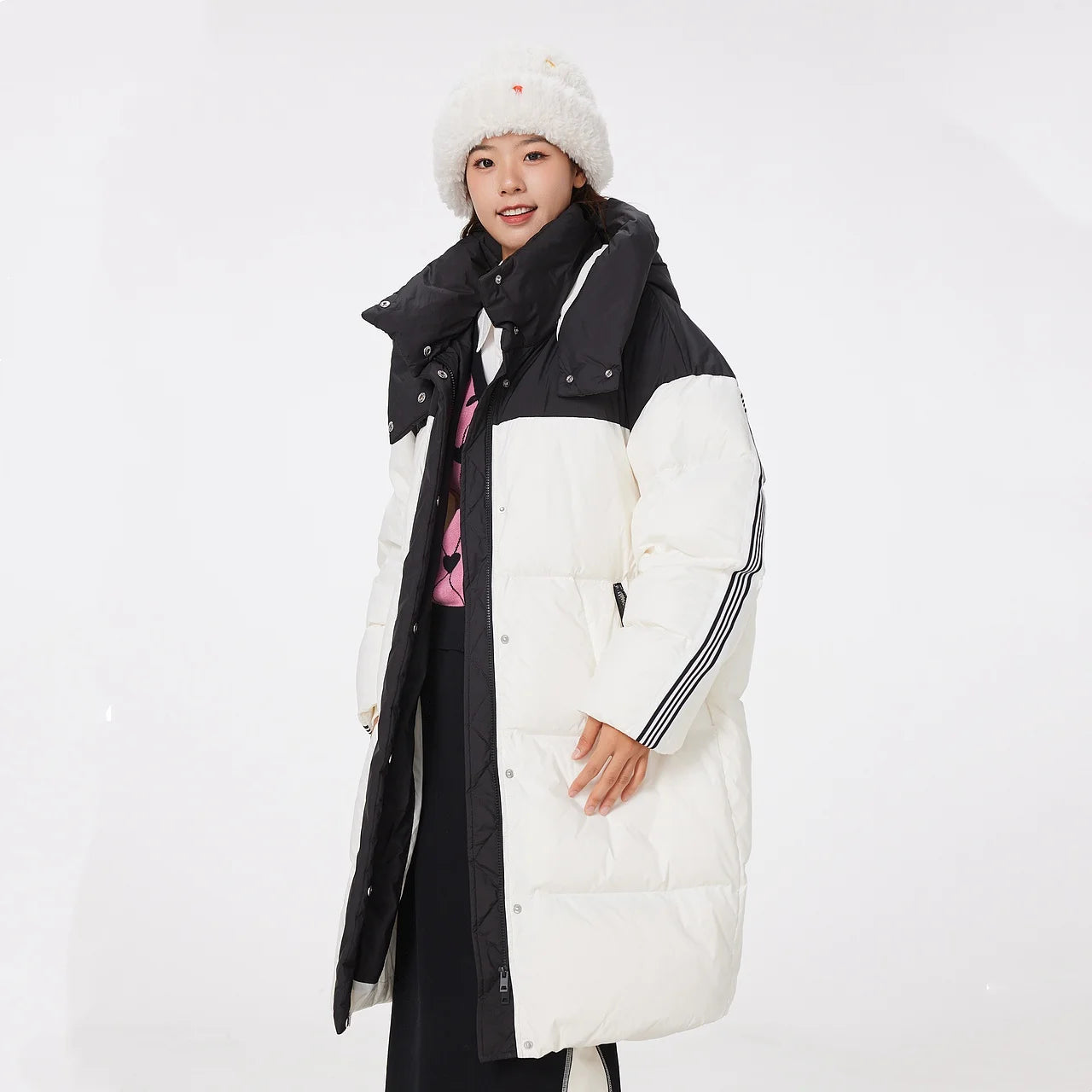 Women's Knee-Length Padded Coat With Detachable Hood, Stylish Colour-Blocking Windproof, Warm Duck Down Jacket For ladies