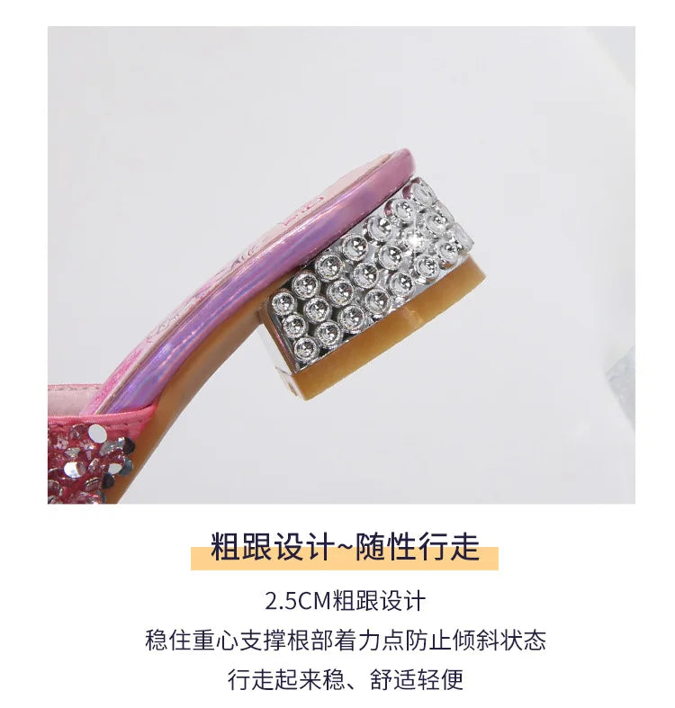 Zomersandalen voor meisjes, modieuze slippers met pailletten, prinsessenschoenen voor kinderen, hoge hakken, feestjurken, Elsa-schoenen, leren slippers voor meisjes