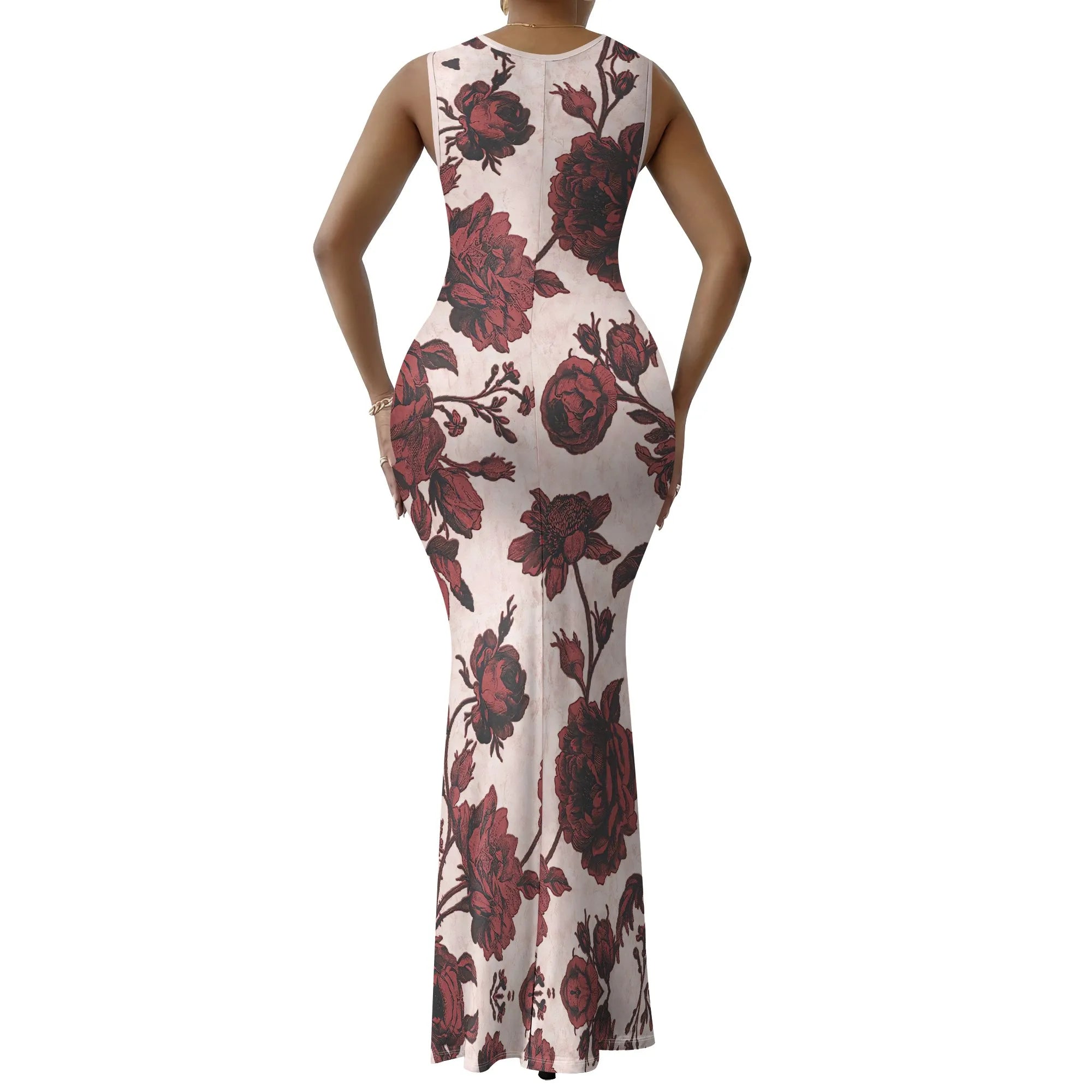 Women's V-Neck Sleeveless Maxi Dress Vintage Red Floral Print Elegant Bodycon Evening Dress
