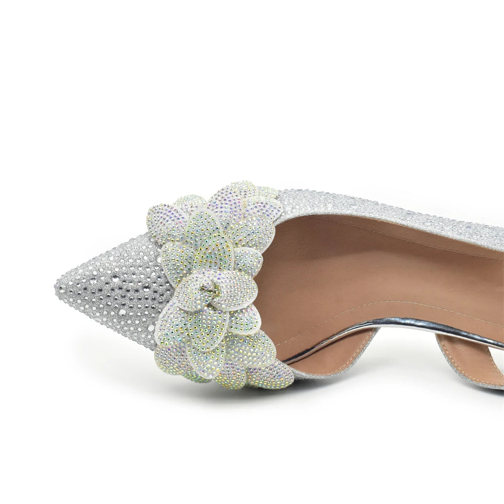 Women High Heel Pointed-Toe Italian Shoes and Bags Matching Set for Ladies Decorated With Rhinestone and Paired with Handmade Petal