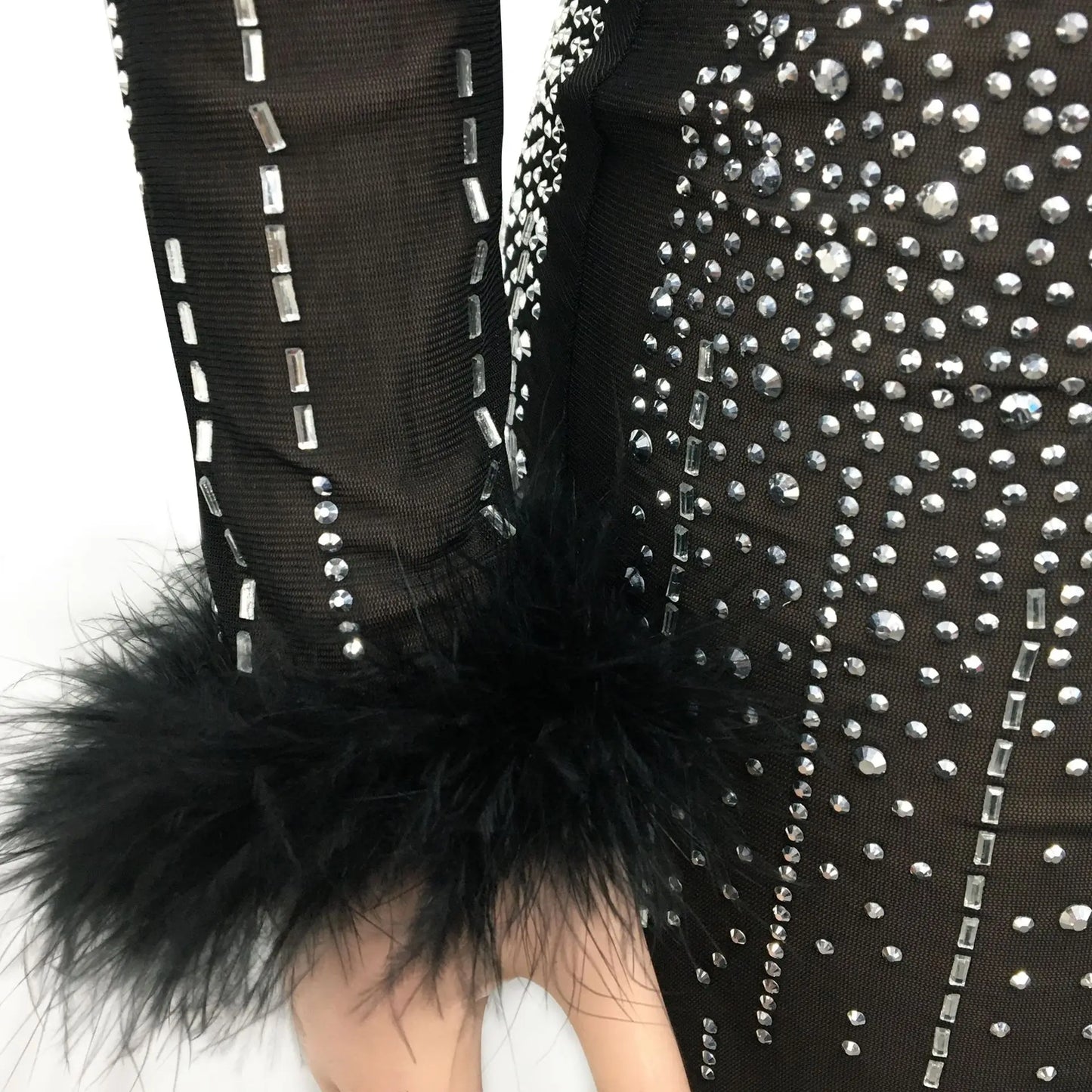 Sexy See Through Sheer Mesh Rhinestone Feather Long Sleeve Maxi Party Dress